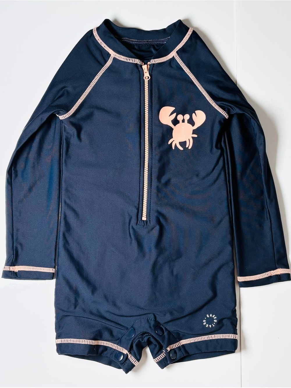Gagou Tagou Baby Rash Guard Swimsuit One Piece Navy Pink Crab Size 24M Stretch